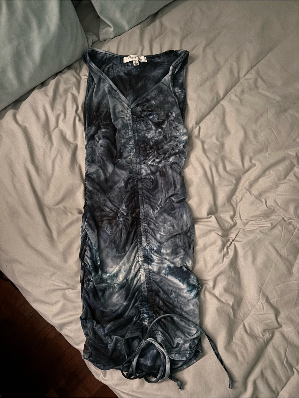 Ruched V-Neck Mini Dress in Dark Blue Tie-Dye